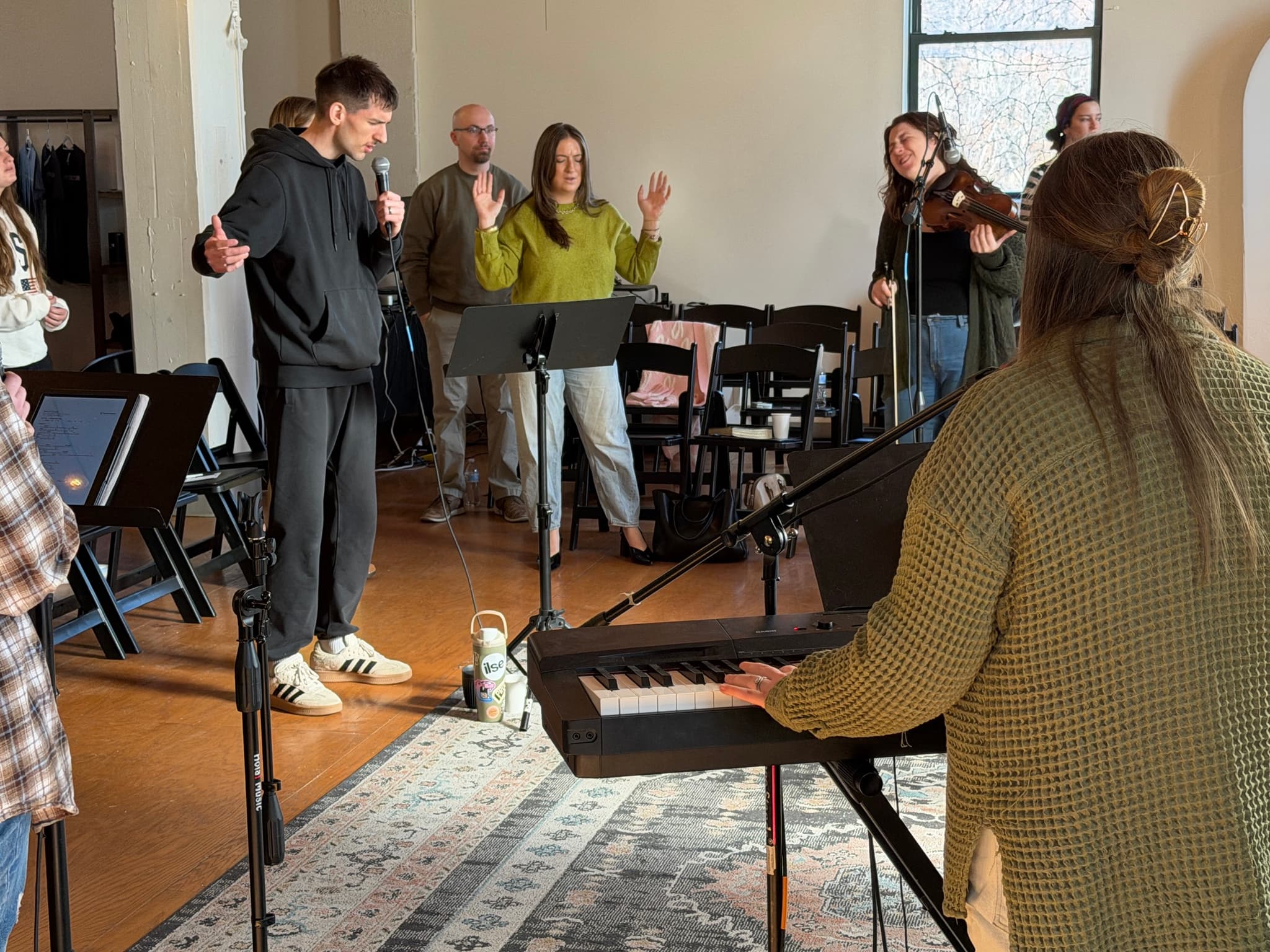 The New Culture Church worship team leading music on a Sunday morning in downtown Madison